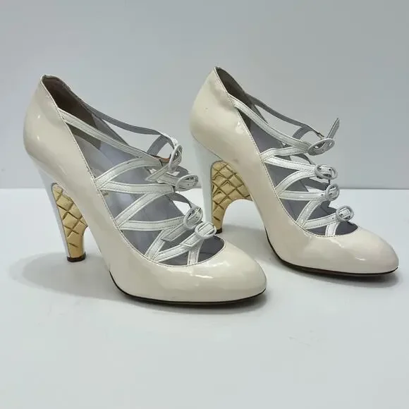 Chanel Buckle Mary Jane Wedge Pumps White Patent Leather Pumps | 39/US 8-8.5 - Picture 2 of 13